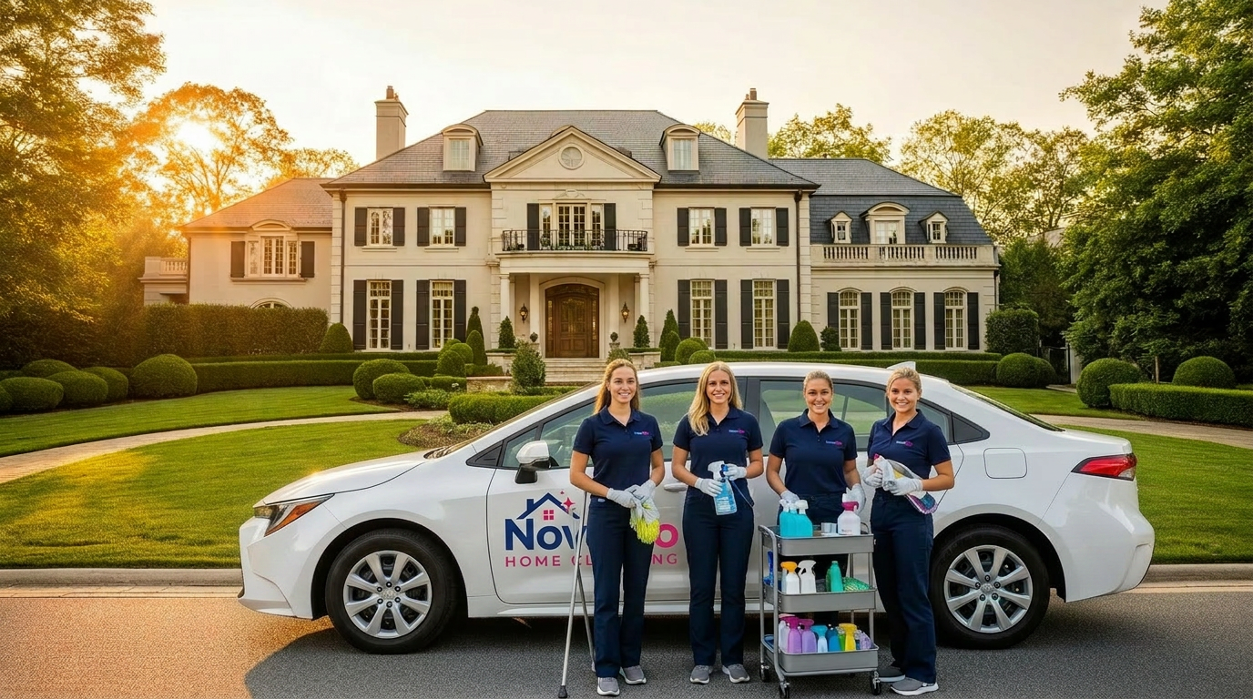 NovaPro Home Cleaning team of four professional cleaners with company van in front of a Northern Virginia mansion